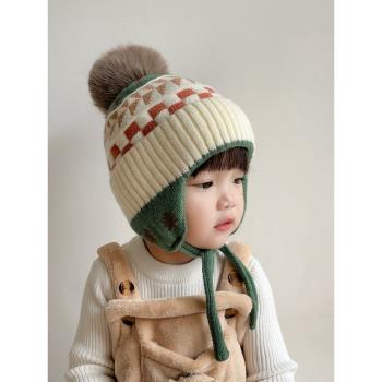 寶寶帽子秋冬款時尚毛球款護耳針織帽冬季男童女孩加厚保暖毛線帽