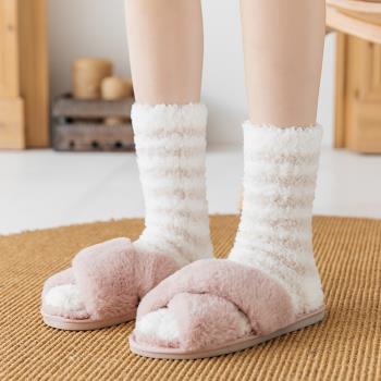 厚款條紋珊瑚絨保暖睡覺中筒襪子