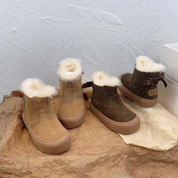 女童棉靴2023冬季新款童鞋磨砂真皮兒童雪地靴加絨加厚保暖公主靴