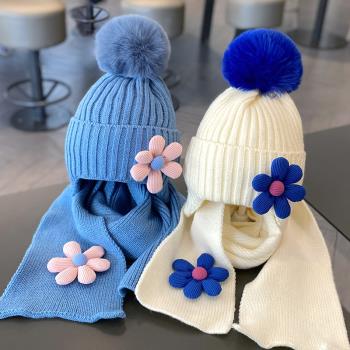 寶寶帽子秋冬兒童保暖加厚帽子圍巾兩件套女童花朵針織護耳毛線帽