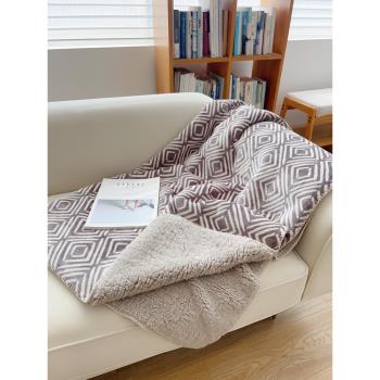 出口品質幾何灰咖北歐雙層毛毯加厚保暖冬季法蘭絨珊瑚絨午睡毯