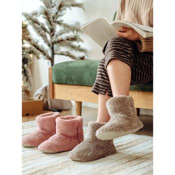 日式高幫靴棉拖鞋女冬季全包跟保暖木地板家用兒童靜音室內雪地靴