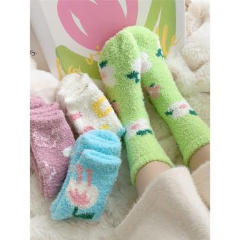 珊瑚絨襪子女中筒襪秋冬季加絨加厚保暖冬天居家地板堆堆睡眠長襪