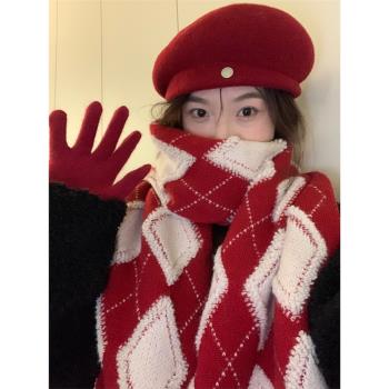 針織圍巾女冬季2023新款韓版紅色保暖防風防寒百搭高級感圣誕禮物