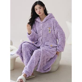 睡衣女冬季珊瑚絨女款冬天加絨秋冬加厚連帽睡袍保暖法蘭絨中長裙