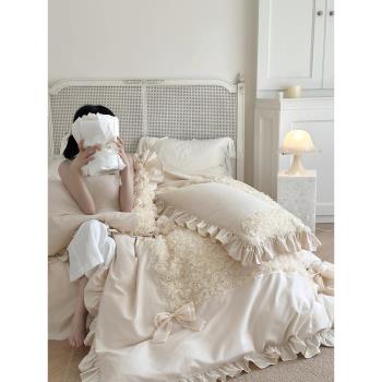 法式浪漫100支全棉磨毛四件套純棉冬季保暖被套花邊蕾絲床上用品