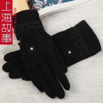 上海故事手套女秋冬季加絨加厚保暖騎車開車冬天可玩手機黑色手套