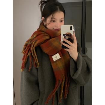 格子圍巾女冬季2023新款高級感保暖加厚圍脖護頸防寒披肩兩用紅色
