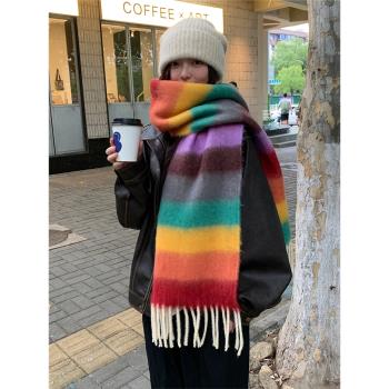 彩色條紋女冬季保暖護頸厚圍巾