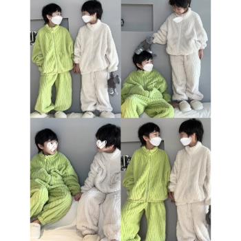 親子裝一家三口兒童睡衣男童珊瑚絨冬季家居服套裝加厚保暖兩件套