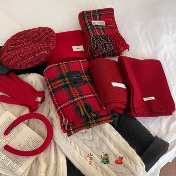 女冬季紅色格子保暖手套禮物圍巾