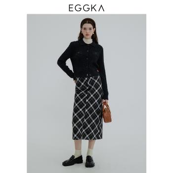 EGGKA 長袖翻領針織開衫秋冬法式分設計感個性氣質保暖單排扣毛衣