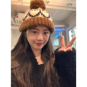 韓國ins新款復古可愛毛球針織帽子女秋冬保暖卷邊護耳毛線帽圣誕