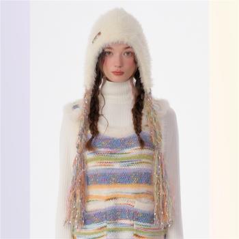 ziziFei秋冬季原創設計防寒彩色麻花辮加厚保暖白色絨絨針織帽子