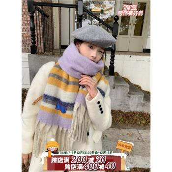 陳奶奶 秋冬高級感韓系流蘇格子圍巾加厚保暖可愛日系海馬毛圍脖