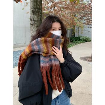 韓國復古馬海毛圍巾女冬季保暖防寒加厚披肩兩用高級感百搭圍脖男