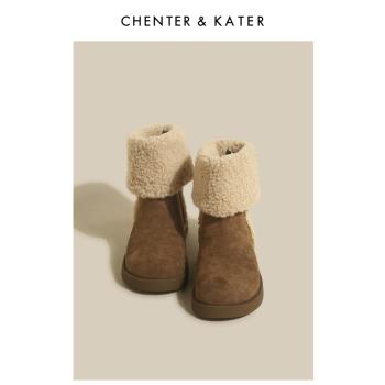 CHENTER&KATER雪地靴拉鏈保暖加絨加厚羊羔毛粗跟短筒棉靴馬丁靴