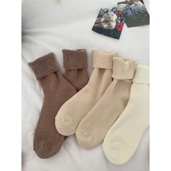 云朵面包毛圈襪子女 冬天保暖加厚純色堆堆襪棉質學生運動中筒襪