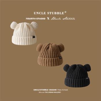 棕色小熊帽子女生日系甜美可愛針織毛線帽冬季加厚保暖護耳套頭帽