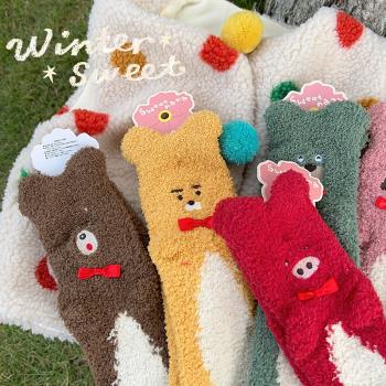 珊瑚絨襪子女冬季加厚保暖家居地板襪可愛卡通日系睡眠襪毛絨絨