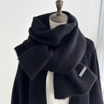 韓版時尚新款羊毛混紡純色黑色圍巾女冬季高級感加厚保暖圍脖男生