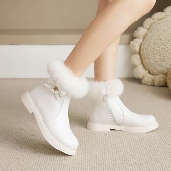小公主冬季保暖加絨白色兒童靴子