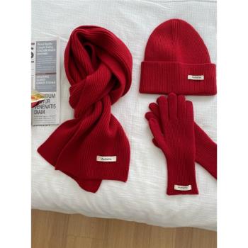 韓國原單純色針織毛線三件套帽子圍巾手套洋氣保暖護頸防風圍脖女