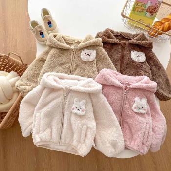女童保暖外冬季韓版女寶寶可愛小兔連帽上衣兒童加絨加厚保暖冬裝