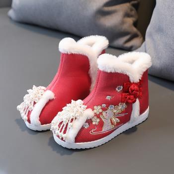 女童漢服鞋冬季加絨加厚繡花鞋高幫棉鞋保暖中國風女孩棉靴演出鞋