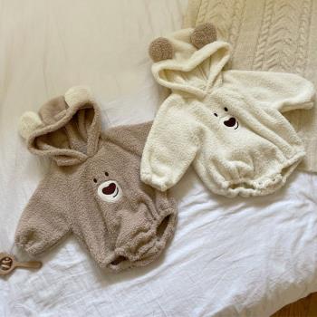 嬰兒衣服秋冬裝新生寶寶加絨哈衣爬服保暖雙面絨連體衣卡通包屁衣