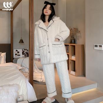 睡衣女秋冬法蘭絨加厚三層夾棉長袖甜美少女珊瑚絨保暖家居服套裝