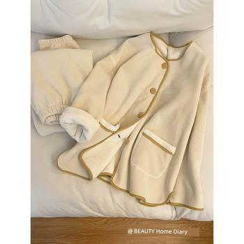 韓版純色設計感珊瑚絨睡衣女冬季加厚加絨2023新款保暖家居服套裝
