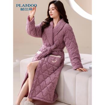 珊瑚絨睡袍女士冬季三層夾棉加厚加絨法蘭絨長款浴袍保暖睡衣冬天