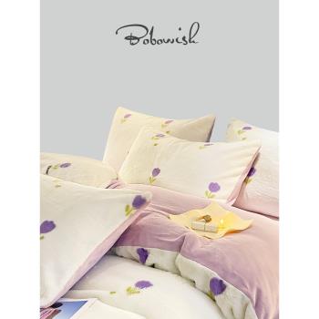 英國BOBOWISH 秋冬多巴胺兔兔絨四件套加絨加厚紫色花卉床單床笠