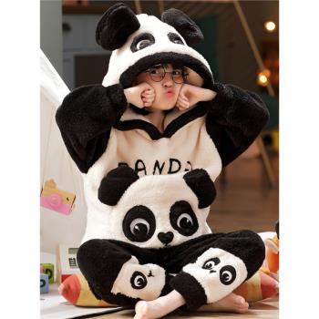 熊貓加絨加厚女孩大童冬季睡衣