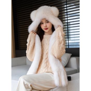 可愛狐貍毛女冬季護耳帽子圍巾