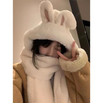 白色兔子耳朵帽子圍巾一體女冬季韓版可愛加厚保暖圍脖手套三件套