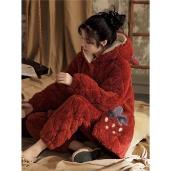 睡衣女士冬季三層加厚珊瑚絨夾棉襖套裝秋天保暖法蘭絨睡衣家居服