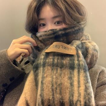 美拉德格子保暖圍巾女秋冬季韓版高級感學生加厚防寒咖色圍脖披肩