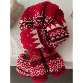 圣誕風羊毛混紡復古女冬季圍巾