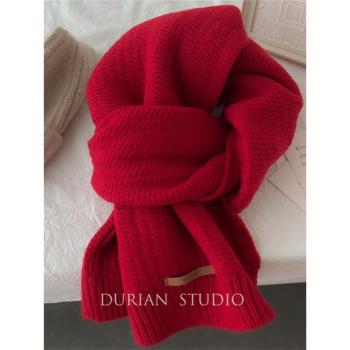 紅色圍巾女冬季2023新款高級感含羊毛保暖加厚保暖防寒針織圍脖女