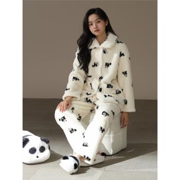 【加厚加絨】新款女士睡衣秋冬季珊瑚絨可愛法蘭絨熊貓保暖家居服