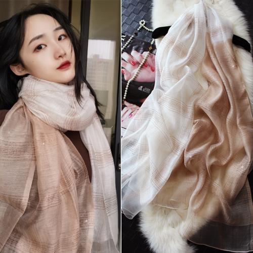 韓版漸變色百搭真絲絲巾金絲線條紋圍巾圍脖披肩長款女士春秋新款