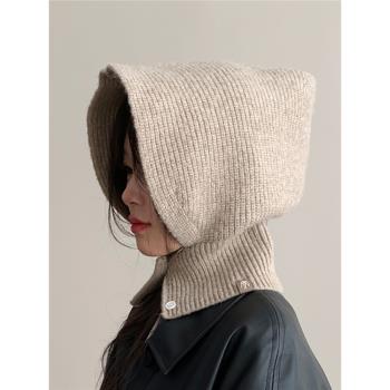 巴拉克拉法帽子女冬季羊毛混紡保暖帽子圍脖一體情侶款護耳針織帽