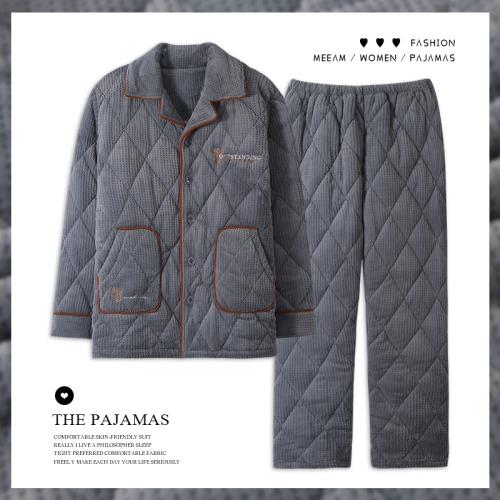 貓人睡衣男三層加厚冬款法蘭絨加絨加厚保暖珊瑚絨冬季家居服套裝