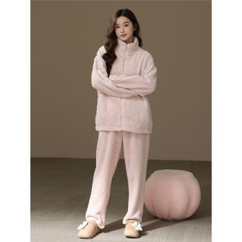 加厚高領女秋冬季保暖法蘭絨睡衣