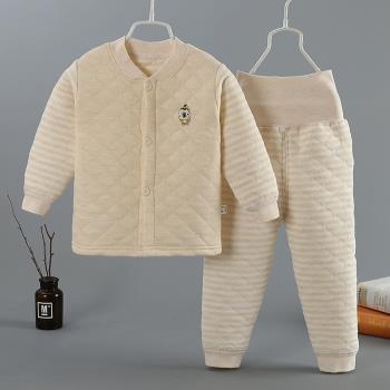 冬季純棉寶寶保暖加厚嬰兒服裝彩棉兒童長袖高腰護肚夾棉內衣套裝