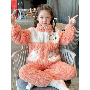 女童法蘭絨睡衣秋冬季保暖珊瑚絨小女孩卡通可外穿兒童家居服套裝