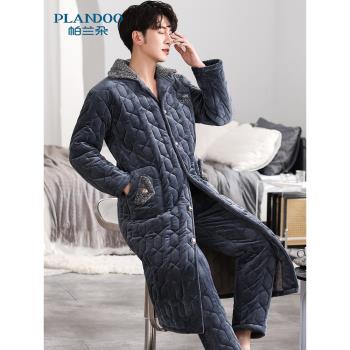 珊瑚絨夾棉襖睡衣男士冬季三層加厚加絨大碼長款浴袍睡袍保暖套裝