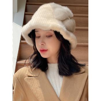韓國冬季整貂皮草女法式花朵帽子